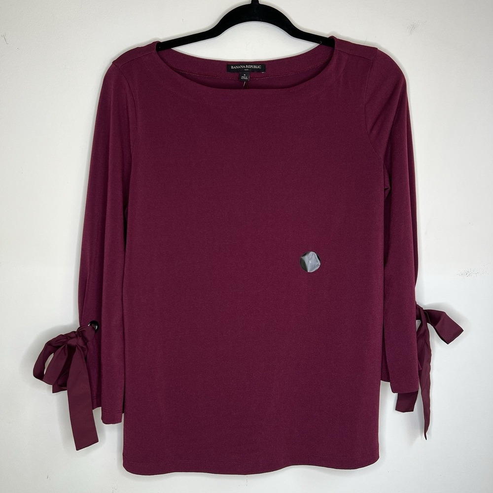 BANANA REPUBLIC NWT Burgundy Blouse With Bow Tie Sleeve Women's Small 3/4 Sleeve